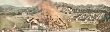 2607726 The Destruction of the Roehampton Estate in the Parish of St. James's in January 1832, 1833 (hand coloured litho) by Duperly, Adolphe (1801-65); 29.2x41.3 cm; Private Collection; (add.info.: The property of J. Baillie, esq

Shows fire in the mill yard and the slave village.); Photo © Christie's Images.