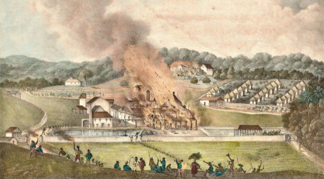 2607726 The Destruction of the Roehampton Estate in the Parish of St. James's in January 1832, 1833 (hand coloured litho) by Duperly, Adolphe (1801-65); 29.2x41.3 cm; Private Collection; (add.info.: The property of J. Baillie, esq

Shows fire in the mill yard and the slave village.); Photo © Christie's Images.